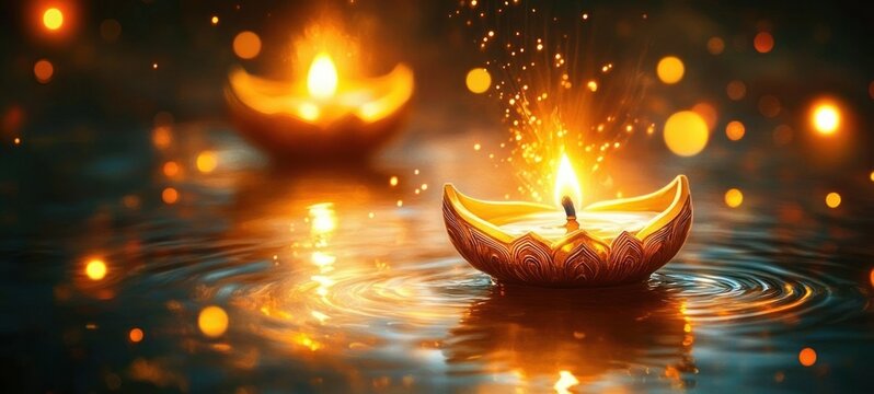 Glowing decorative clay lamps floating on water with warm flickering flames and sparkling light effects creating a serene and festive atmosphere - Powered by Adobe