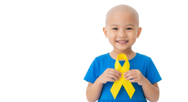 Bald little asian kid holding yellow ribbon on transparent background. Cancer awareness symbol. Childhood cancer awareness month. Hospital support png concept with copy space.