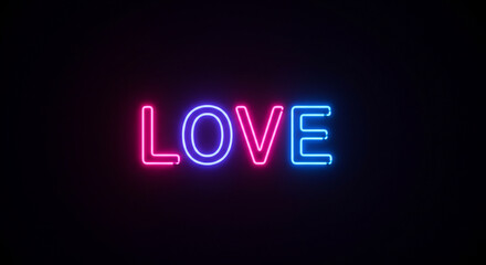 Neon love sign glowing in pink and blue on dark background  