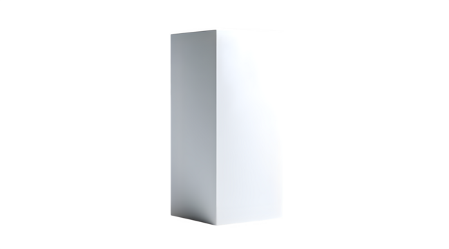A minimalist white rectangular prism against a stark white background with subtle light gradients