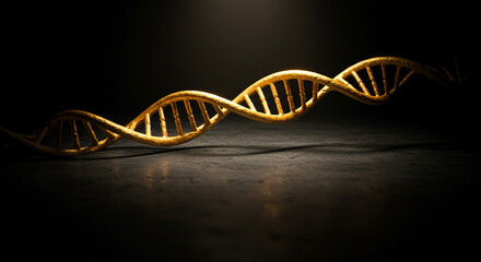 Golden DNA double helix model on dark background  