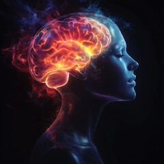 Profile of a serene female head with a glowing, fiery brain illuminated in bright orange and yellow against a dark background, symbolizing mind and thought energy