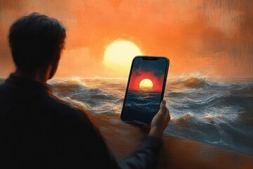 Person holding a smartphone capturing a vibrant sunset over a turbulent ocean with a large sun near the horizon, evoking calm yet intense emotions
