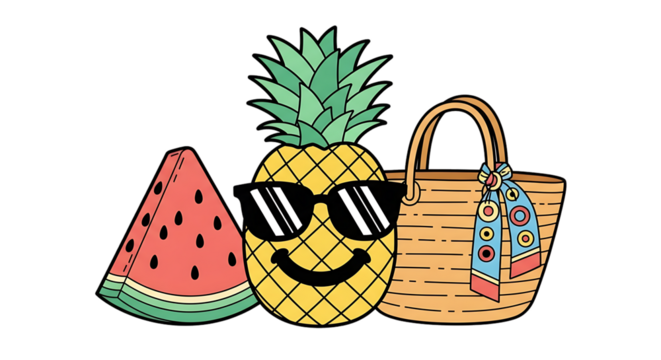 Tropical summer vibes illustration featuring fresh fruits and beach bag delight