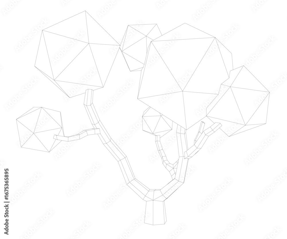 Poster polygonal tree composed of geometric shapes and wireframe lines, forming a low poly black and white 