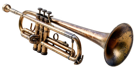 Obraz premium Close up shot of a tarnished brass trumpet with valves and tubing on a white background isolated