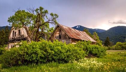 Abandoned farmhouses in a meadow