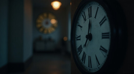 Naklejka premium Vintage Roman numeral clock face showing the passage of time in a dimly lit, atmospheric hallway setting