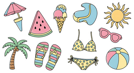 Vibrant summertime elements in pastel hues creating cheerful beach vibes