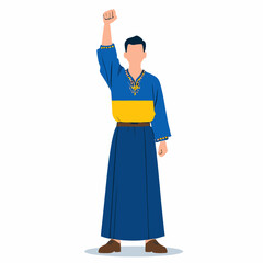 Illustration of a defiant Ukrainian man in national dress raising his fist in solidarity