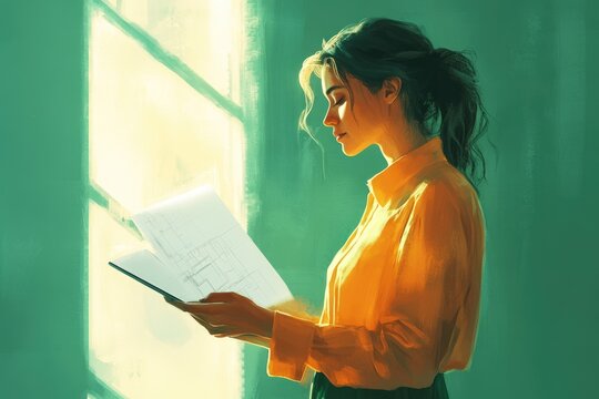 A young woman in a yellow shirt reviews blueprints near a sunlit window, contemplating architectural designs.