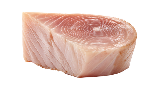 Close up of a cut piece of raw fish showing its texture and circular pattern on a white background