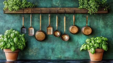 Copper kitchen utensils hanging on rustic wooden rack against textured green wall with fresh basil plants in terracotta pots below