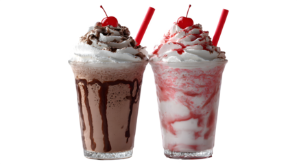 Two milkshakes with whipped cream and cherries on top and red straws on a white background