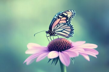 A monarch butterfly delicately perched on a vibrant purple coneflower, a picturesque scene of nature's beauty.