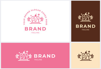 Obraz premium Charming bakery logo design featuring a delightful cake with cherry and decorative elements