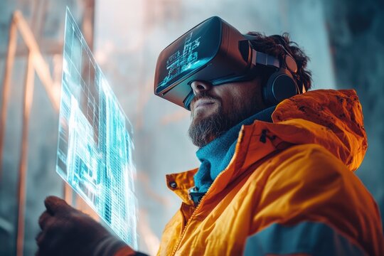 A construction worker uses VR technology to review blueprints, visualizing the project in a 3D holographic display.