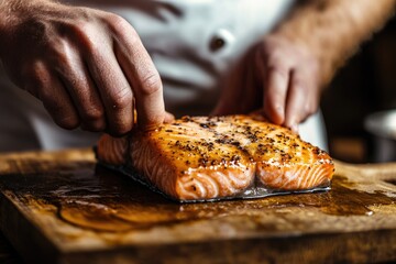 Chef delicately placing a perfectly grilled salmon fillet on a wooden board.