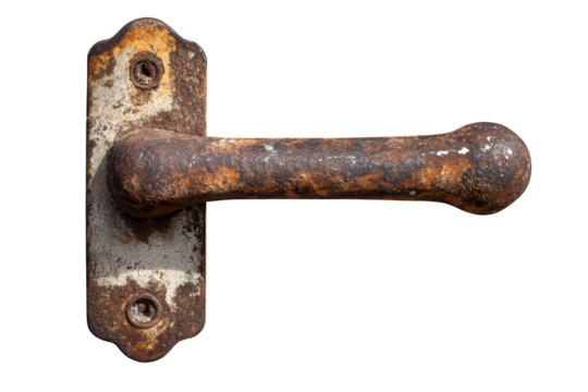 Old rusted handle isolated on transparent background showing wear and decades of use, emphasizing its intricate design and rustic charm