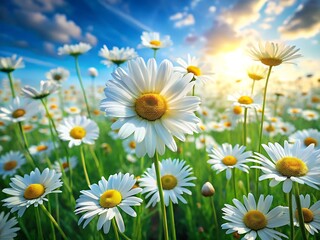 Vibrant field of white daisies bathed in warm golden sunlight under a blue sky