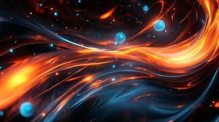 Obraz premium Abstract digital artwork featuring swirling orange and blue light with spheres.