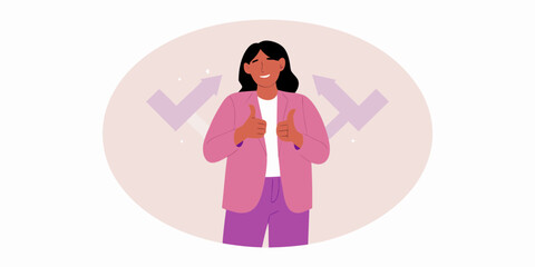 Confident woman giving thumbs up with arrows and checkmarks indicating success and positive direction
