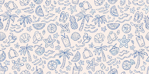 Charming blue line art doodle pattern of tropical beach vacation elements on a light background