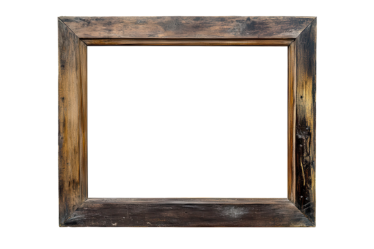 Old wooden frame with distressed finish isolated on transparent background showcasing rustic charm and vintage appeal for creative displays and decorative purposes