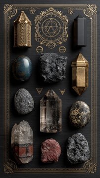 Collection of mystical artifacts and stones