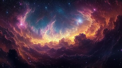 Fototapeta premium Vibrant cosmic nebula with glowing orange and purple clouds surrounding bright stars in deep space evoking awe and mystery