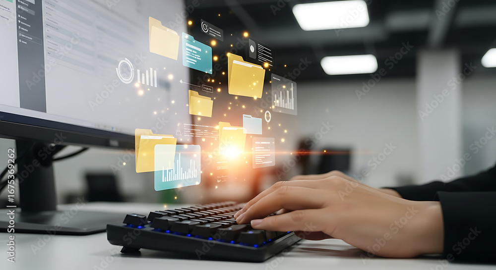 Fototapete person typing on keyboard with digital folders and data graphics on computer screen in office space 