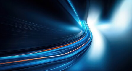 Dynamic light trails in curved motion with blue and orange streaks creating a futuristic and energetic visual effect against a dark background