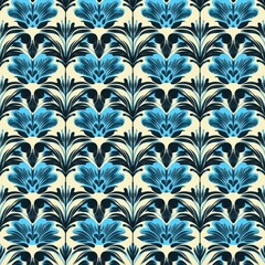 Seamless floral pattern with stylized blue flowers and dark curved leaves on a cream background creating a repetitive symmetrical design