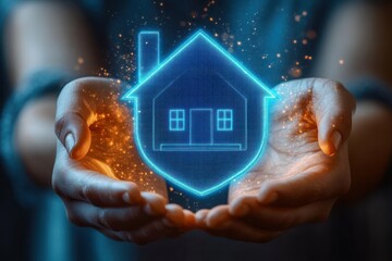 Close-up of hands holding a glowing holographic shield with a house icon inside, symbolizing protection and security with warm light particles around