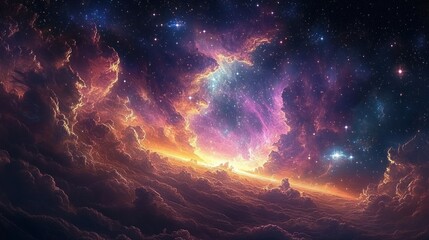 Naklejka premium Vibrant cosmic nebula glowing with fiery orange and purple hues above dark swirling clouds under a star-filled night sky