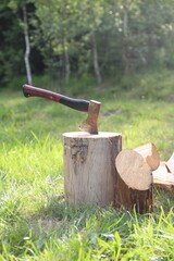 Metal axe, chopped firewood and wooden log on green grass outdoors