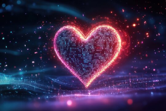 Glowing digital heart made of binary code digits floating in a mystical dark blue and purple space with light particles and abstract wave patterns