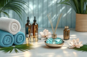 Serene spa setup with rolled towels, aromatic reed diffuser, essential oil bottles, and decorative lotus flowers creating a calm and relaxing atmosphere