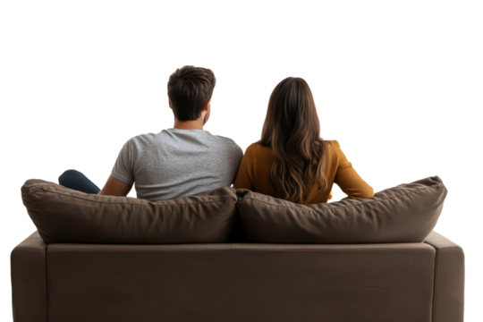 Couple relaxing on a cozy couch enjoying a quiet moment together in a comfortable living room setting during the evening