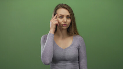 Woman thinking and pointing at camera with focused expression against a green background, conveying...
