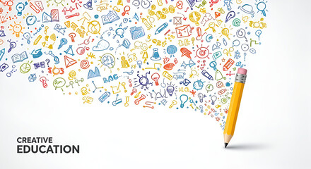Creative Education and Ideas Pencil Drawing Inspirational Concept Illustrating Learning, Innovation, and Growth with Colorful Doodles, Isolated on White