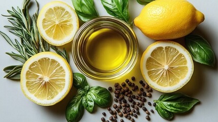 Fresh lemons sliced and whole arranged with basil leaves, rosemary, black peppercorns, and a bowl of olive oil on a white surface
