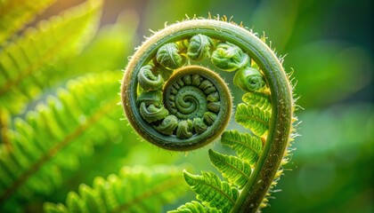 Fern frond unfurling with closeup, nature background, and green.