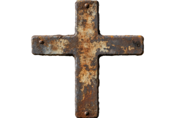Rusty metal cross element showcasing detailed texture with isolation for artistic and design applications, perfect for backgrounds or decorations in various settings
