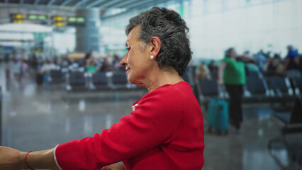 Senior woman with grey hair in red outfit making gesture at busy indoor airport terminal with...