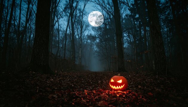 Spooky Halloween Jack O Lantern glowing in a dark forest under a full moon.