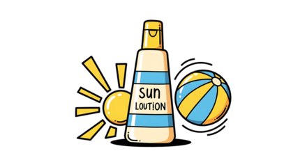 Cartoon Summer Essentials: Sun Lotion, Bright Sun, and a Colorful Beach Ball