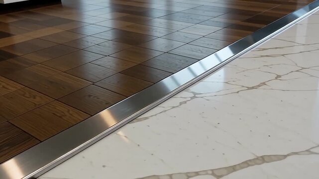 Elegant wooden floor transitions seamlessly to polished marble with a sleek metal inlay