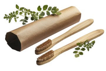 Sustainable bamboo toothbrushes with natural packaging and herbal accents for eco-friendly oral care