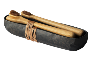 Eco-friendly bamboo toothbrushes in a simple holder for sustainable oral care at home
